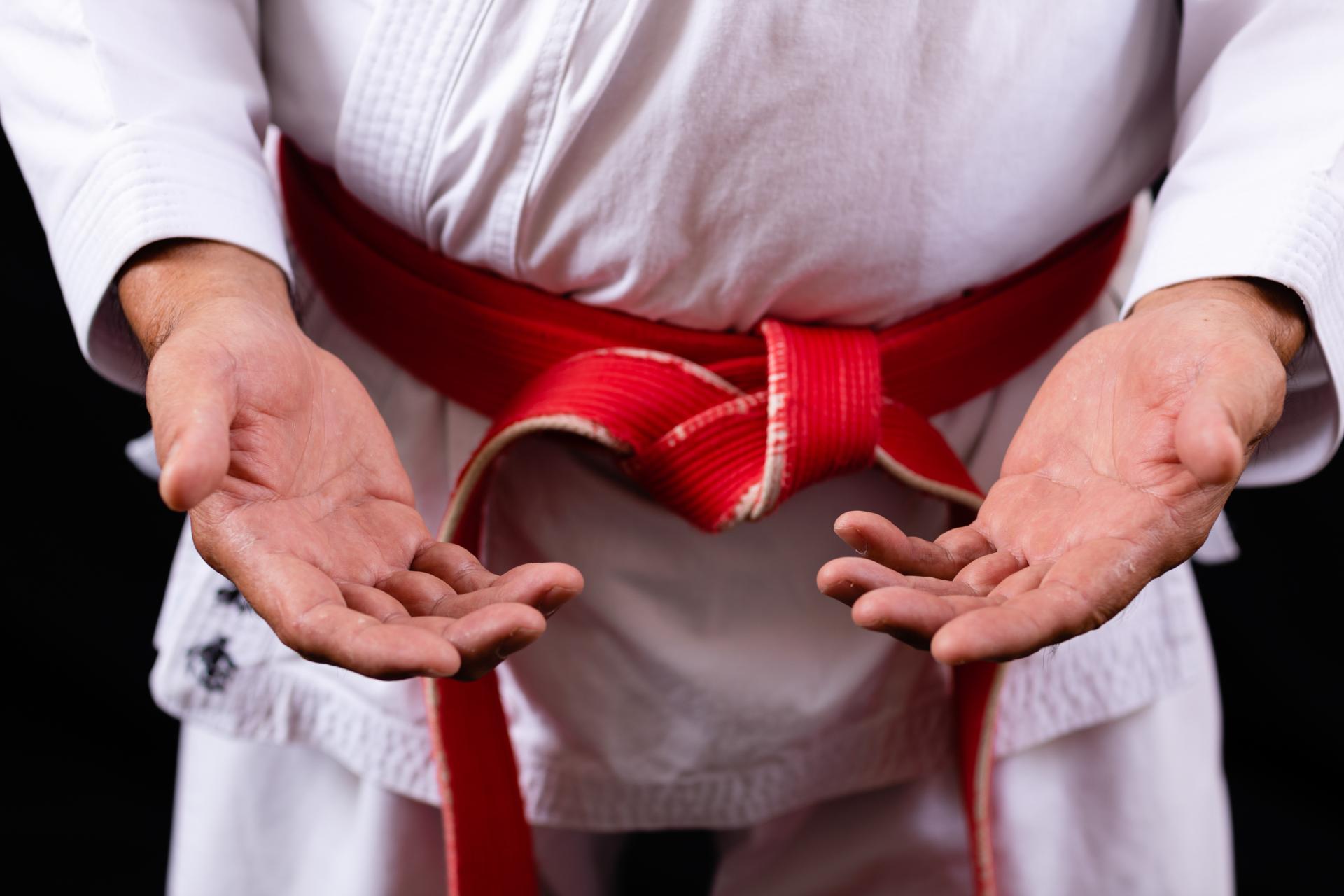 Les mains ouvertes de Sensei Chinen, témoignant de décennies dédiées au Kobudo et Karaté. Elles évoquent force, maîtrise et la philosophie de protection.