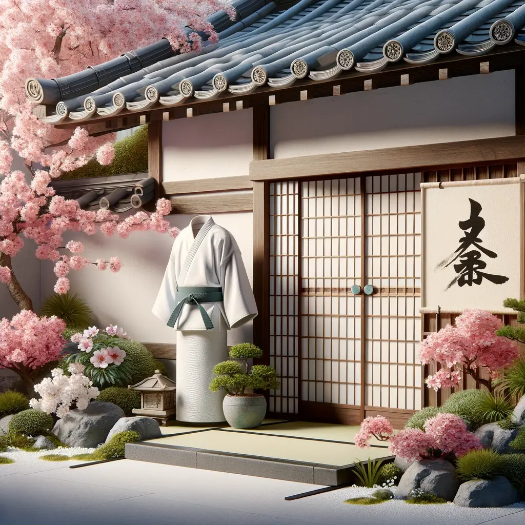 Dall e 2024 03 27 14 55 01 a serene japanese scene to symbolize easter monday featuring cherry blossoms and a traditional japanese garden with a closed dojo door symbolizing a